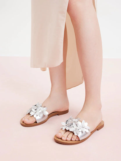 PAZZION, Aleena Floral Slides, Silver