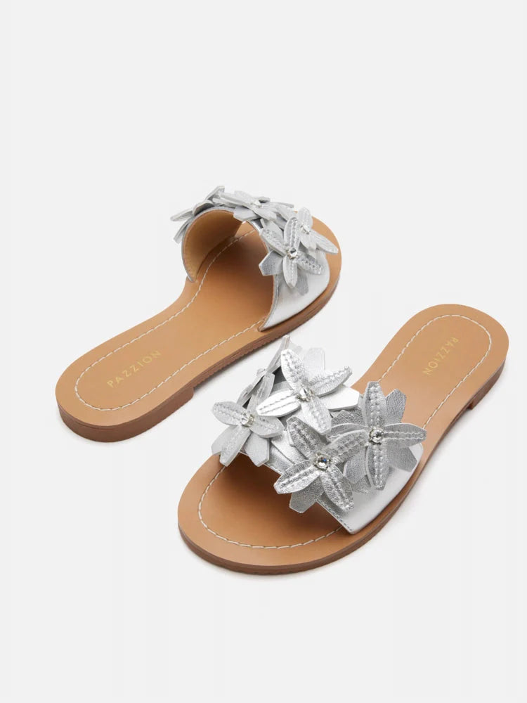 PAZZION, Aleena Floral Slides, Silver