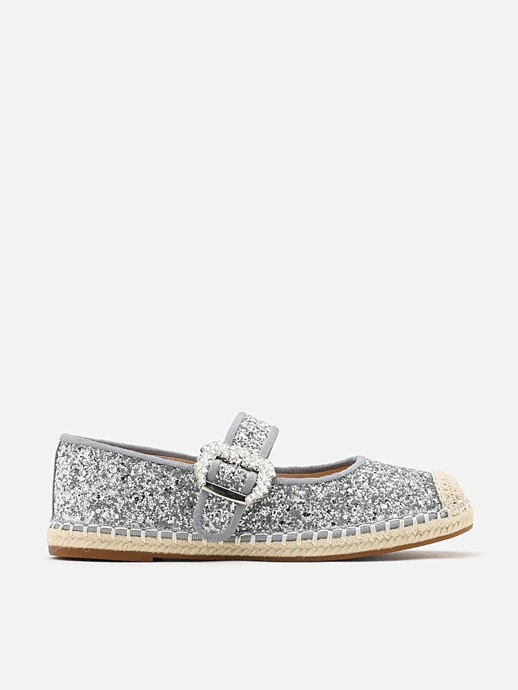 PAZZION, Alivia Glitter Mary Janes Espadrilles, Silver