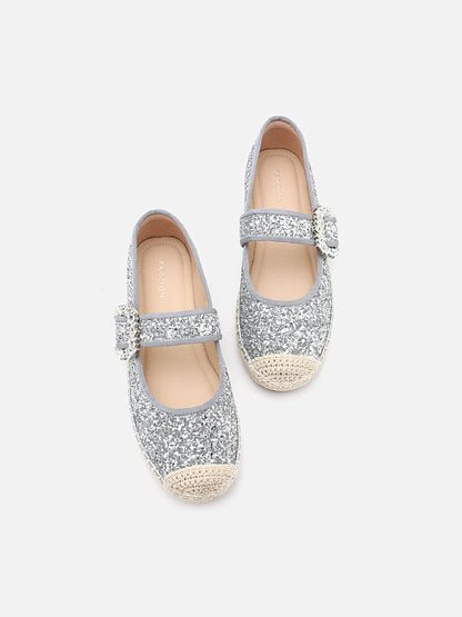 PAZZION, Alivia Glitter Mary Janes Espadrilles, Silver