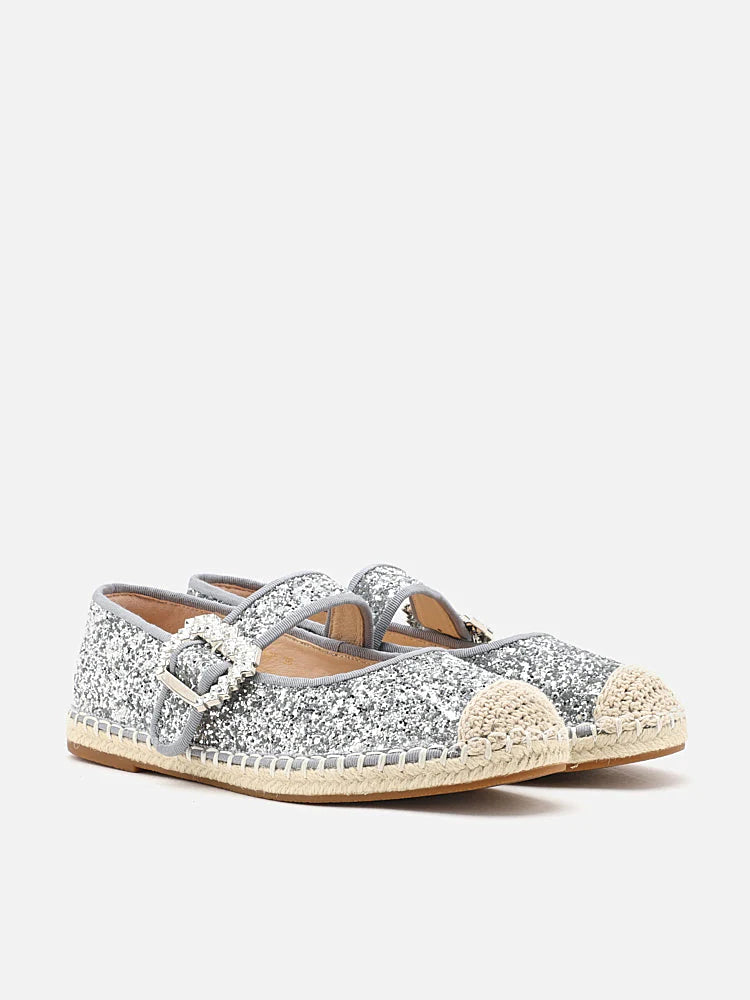 PAZZION, Alivia Glitter Mary Janes Espadrilles, Silver