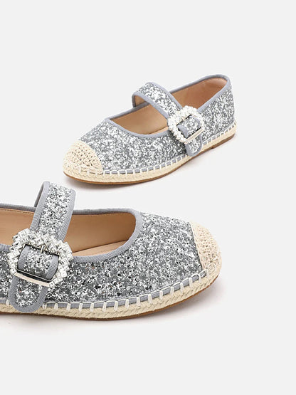 PAZZION, Alivia Glitter Mary Janes Espadrilles, Silver