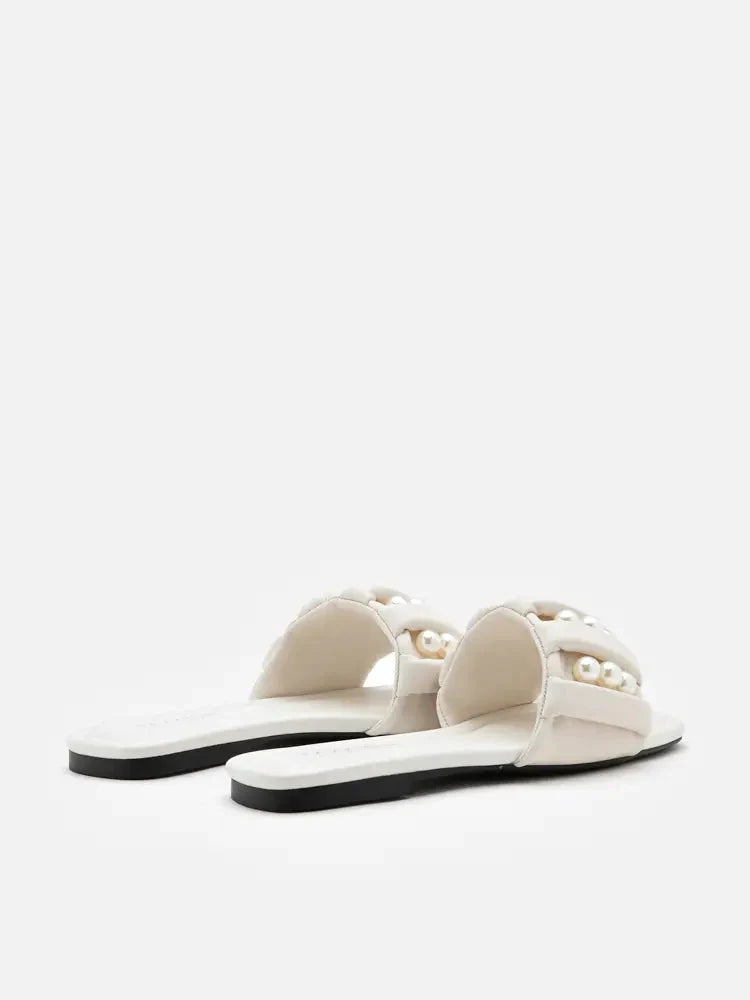 PAZZION, Allie Pearl Embellished Strap Slide Sandals, Beige