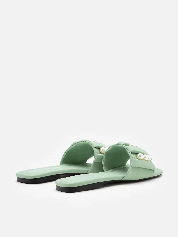 PAZZION, Allie Pearl Embellished Strap Slide Sandals, Green