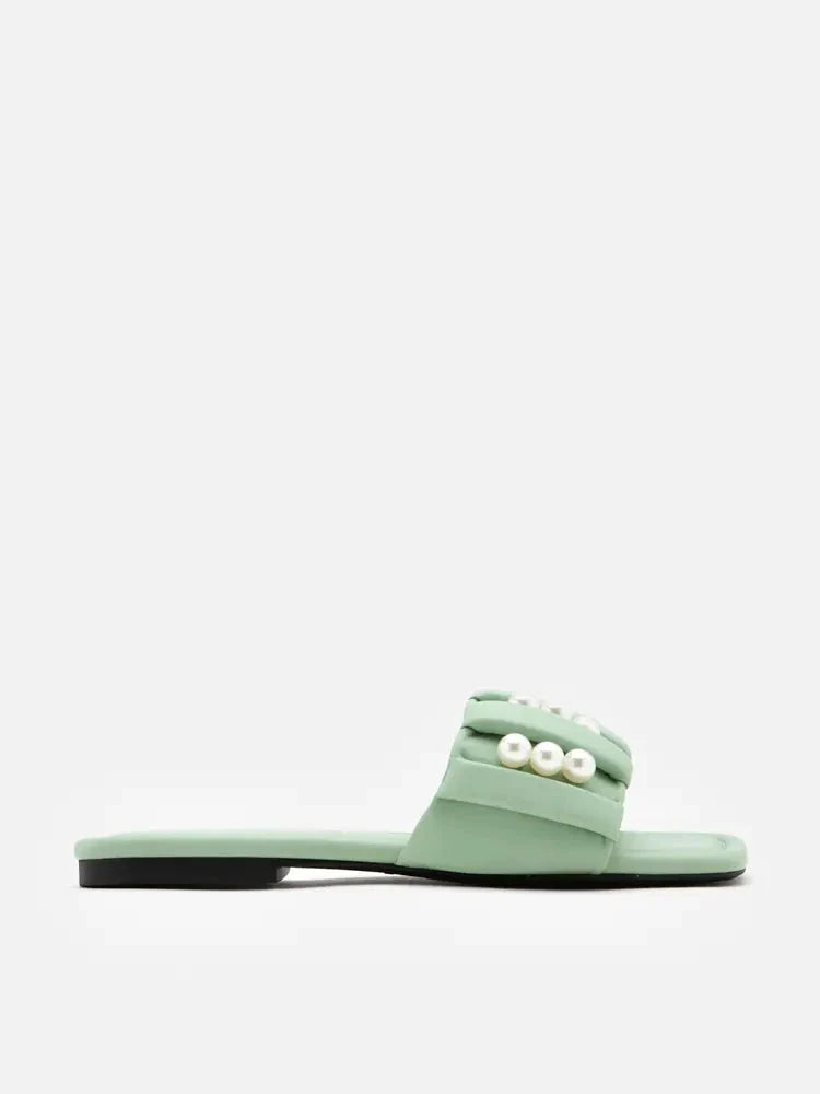 PAZZION, Allie Pearl Embellished Strap Slide Sandals, Green