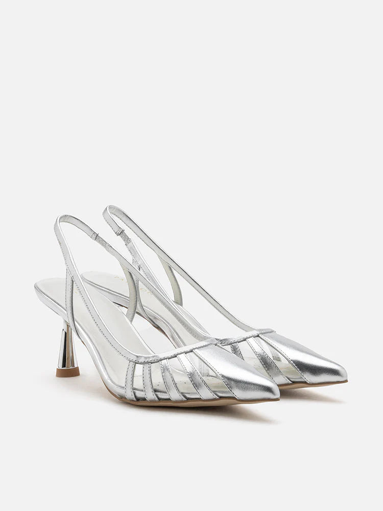 PAZZION, Ameya Metallic Cut-out Slingback Heels, Silver