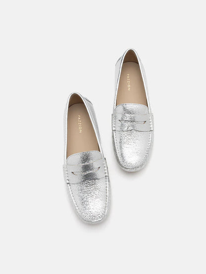 PAZZION, Ariana Metallic Penny Moccasins, Silver