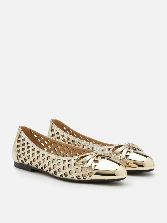 PAZZION, Artha Metal Cap Weaved Bow Flats, Gold