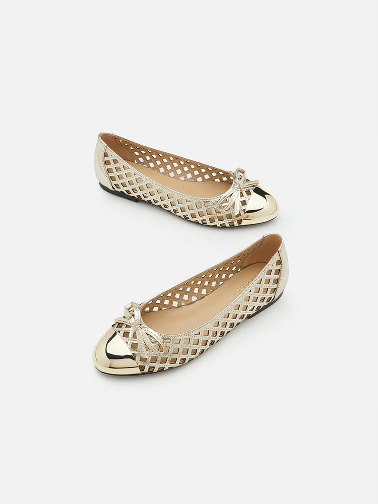 PAZZION, Artha Metal Cap Weaved Bow Flats, Gold