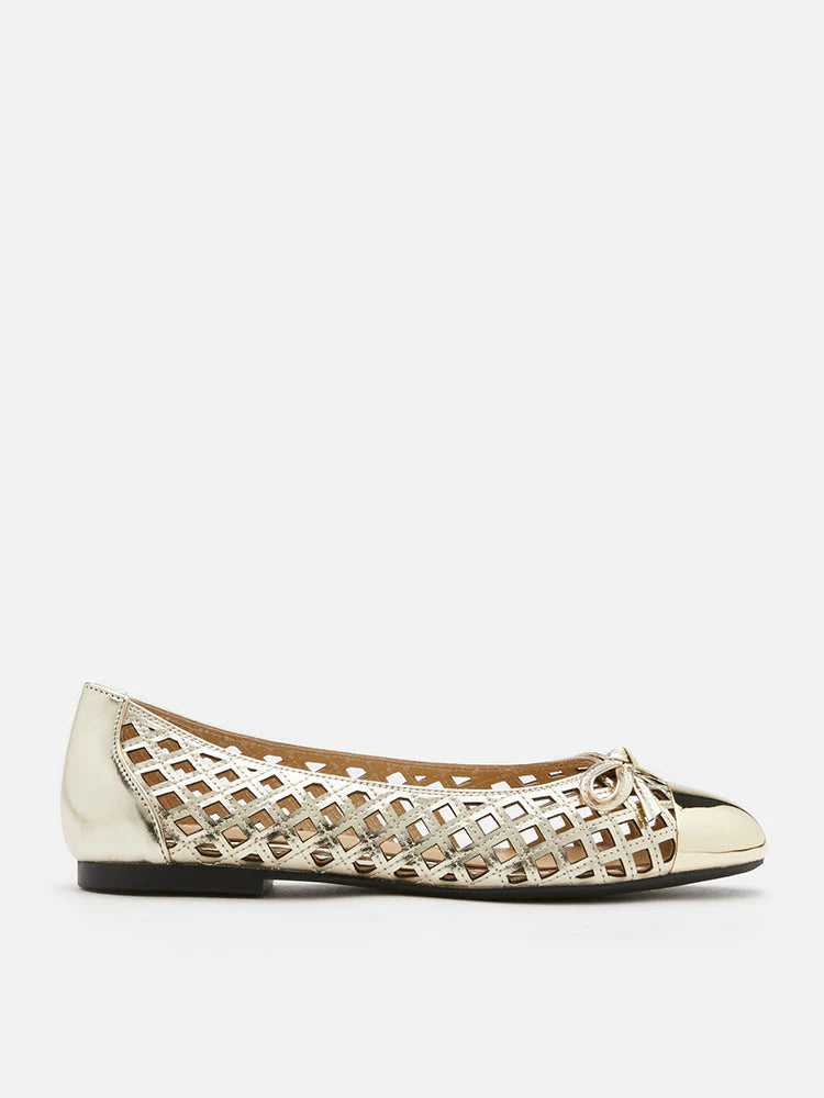 PAZZION, Artha Metal Cap Weaved Bow Flats, Gold