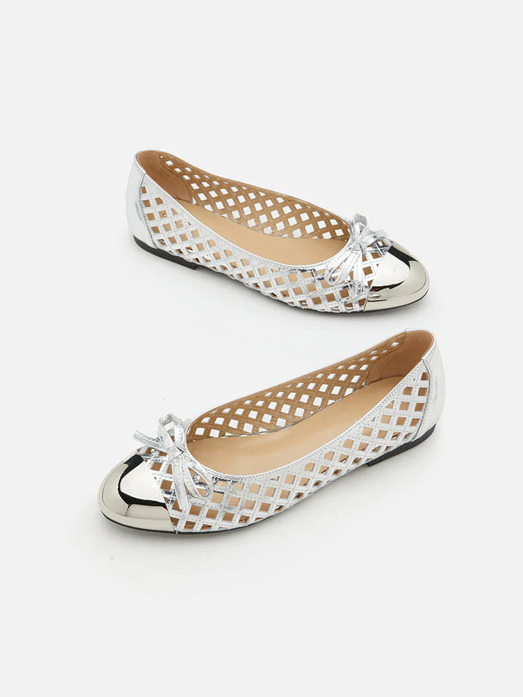 PAZZION, Artha Metal Cap Weaved Bow Flats, Silver