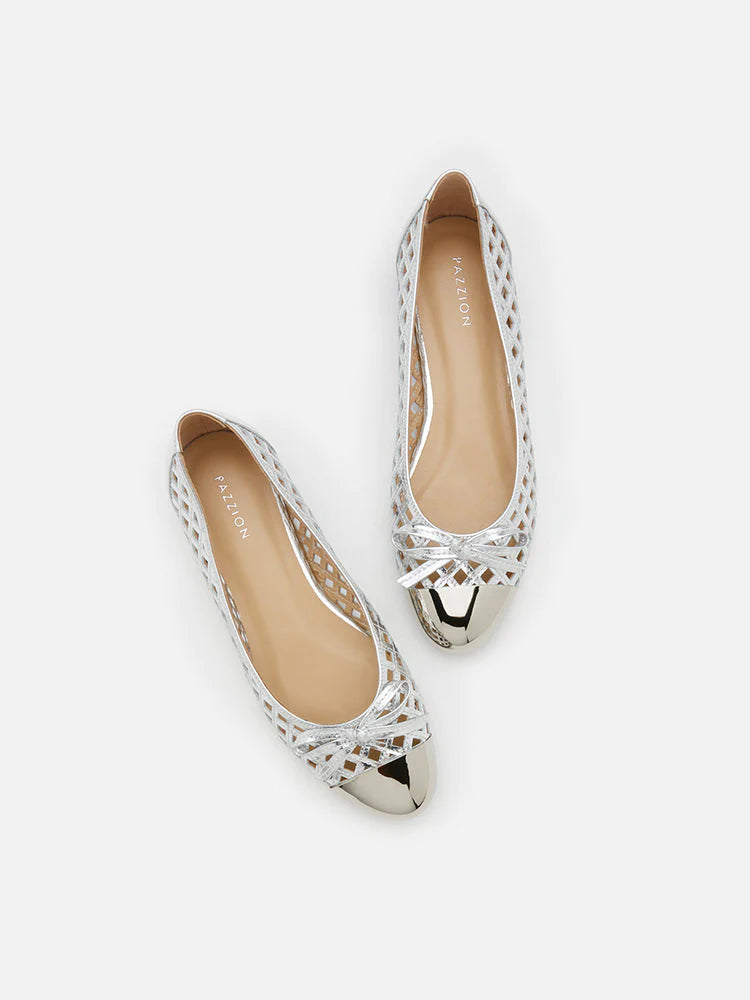 PAZZION, Artha Metal Cap Weaved Bow Flats, Silver