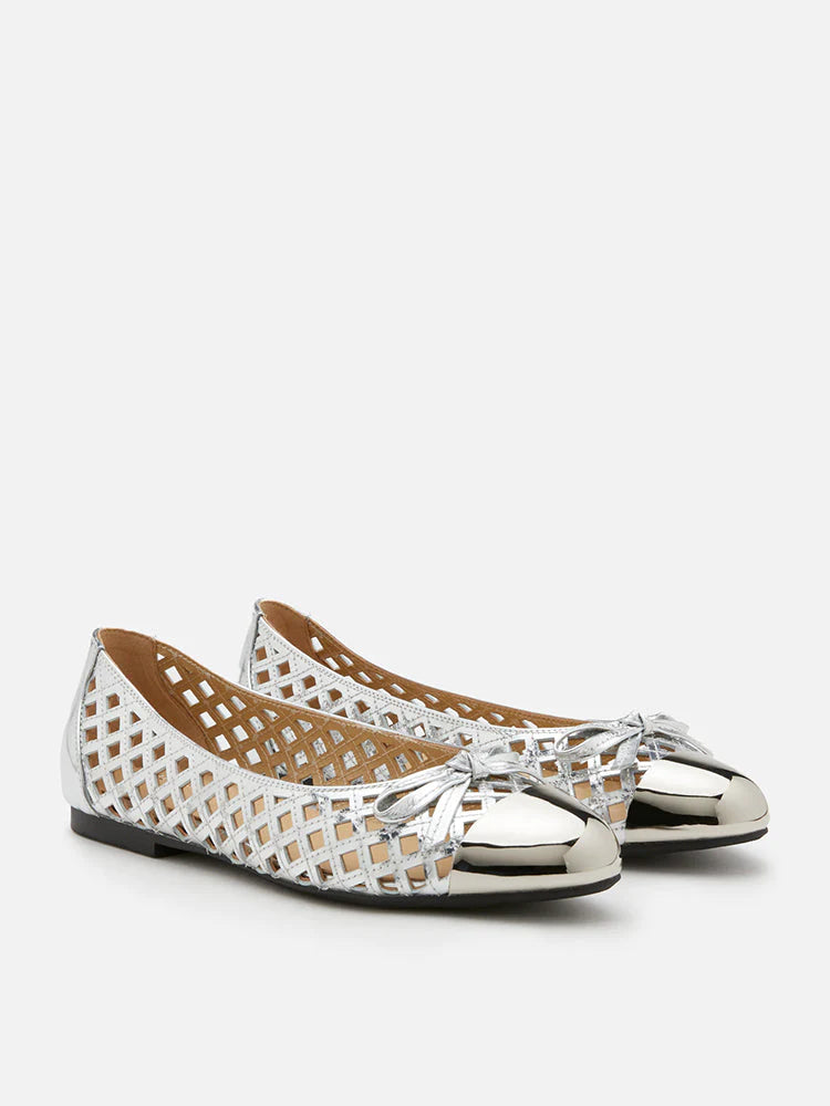 PAZZION, Artha Metal Cap Weaved Bow Flats, Silver