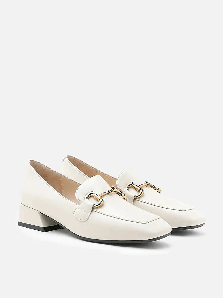 PAZZION, Arwen Classic Metal Buckle Leather Loafers, Beige