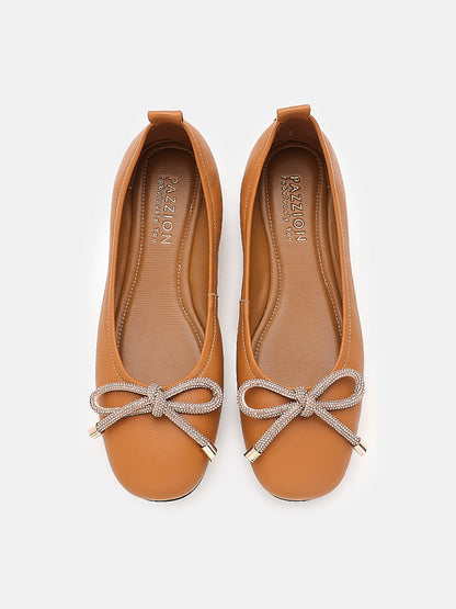 PAZZION, Astra Diamante Bow Round Toe Flats, Camel