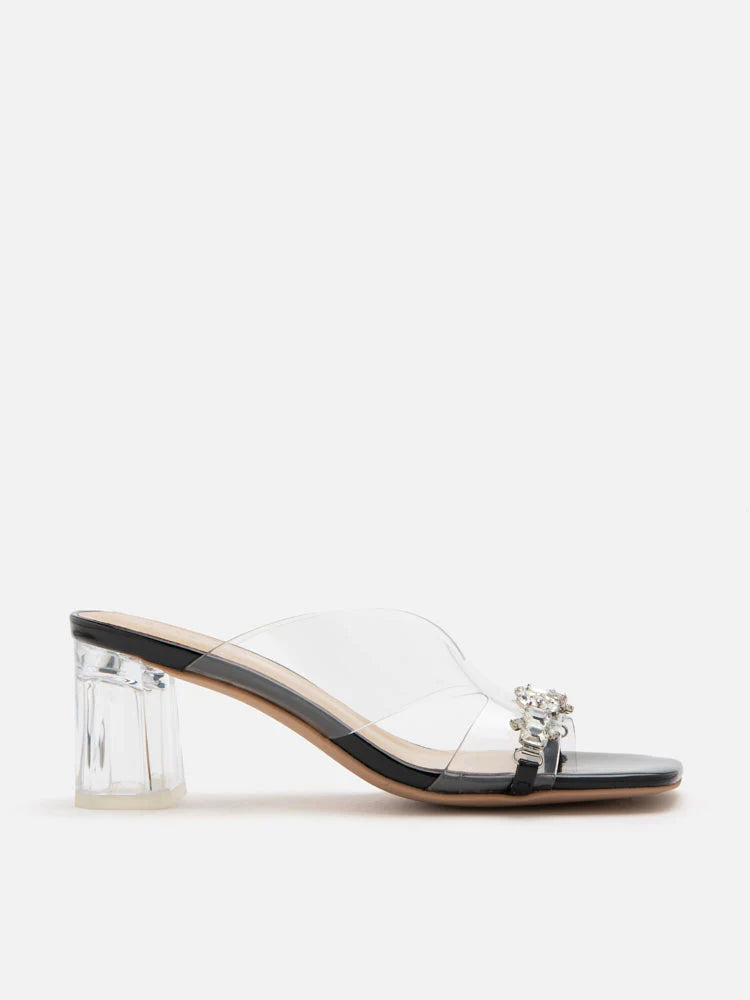 PAZZION, Audrey Crystal Embellished Clear Strap Heel Sandals, Black