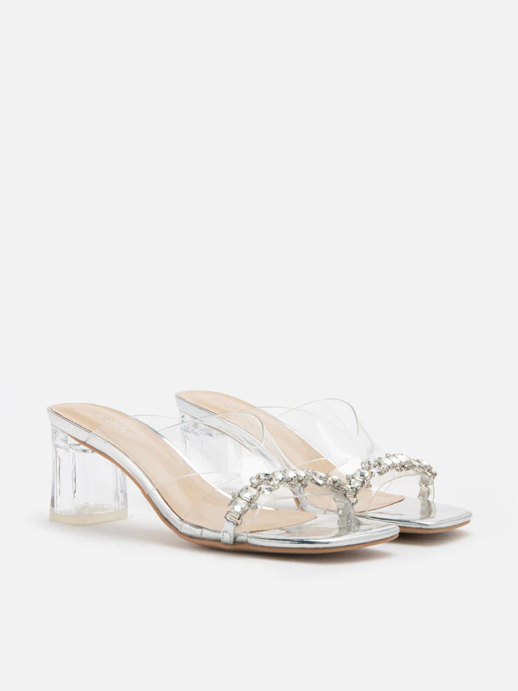 PAZZION, Audrey Crystal Embellished Clear Strap Heel Sandals, Silver