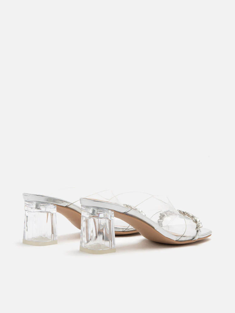 PAZZION, Audrey Crystal Embellished Clear Strap Heel Sandals, Silver