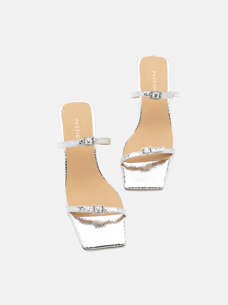 PAZZION, Augusta Buckled Strap Heel Sandals, Silver