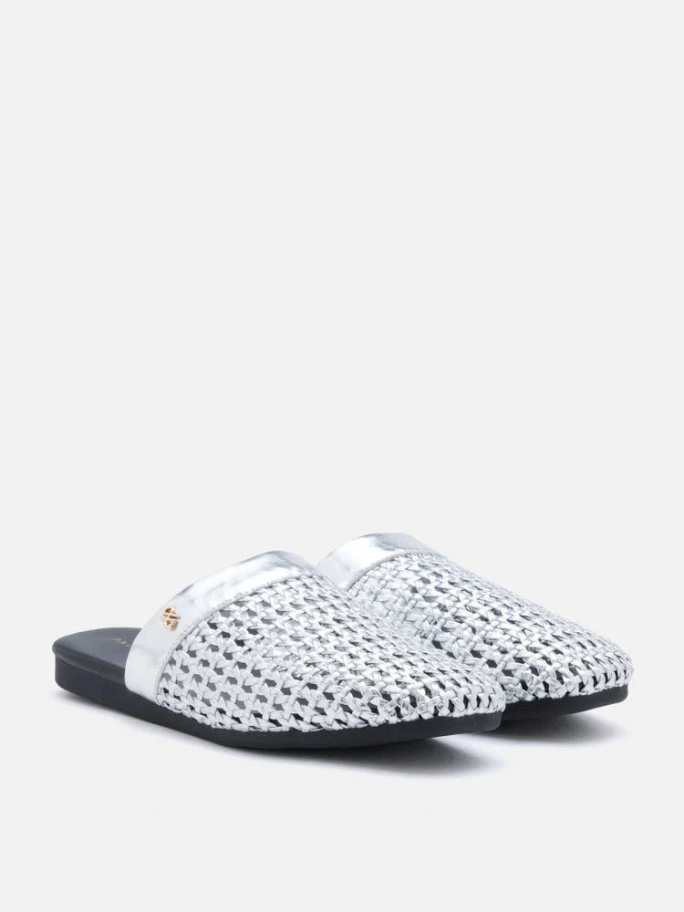 PAZZION, Ayanna Woven Slip-On Mules, Silver