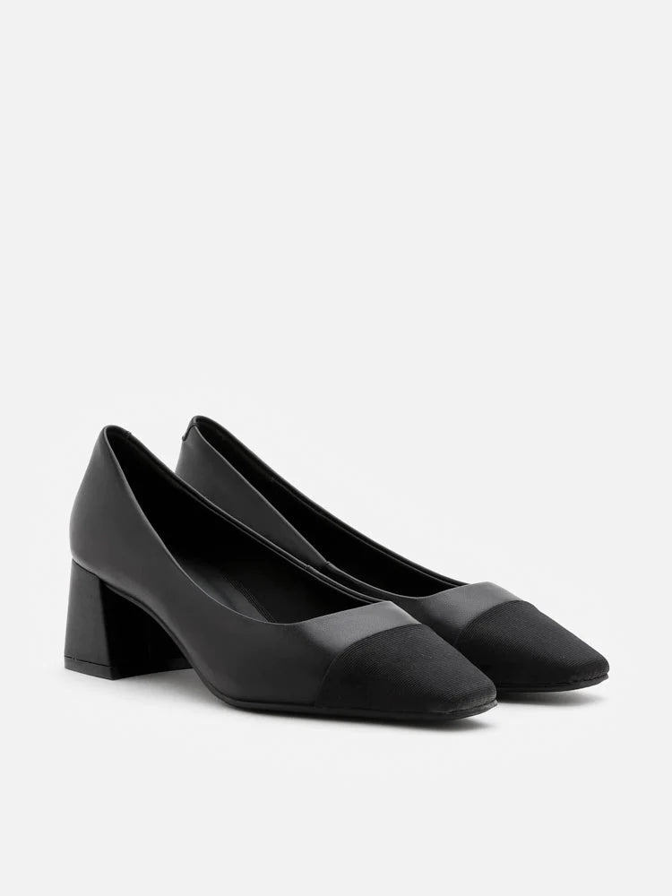 PAZZION, Bein Dual Textured Leather Block Pumps, Black