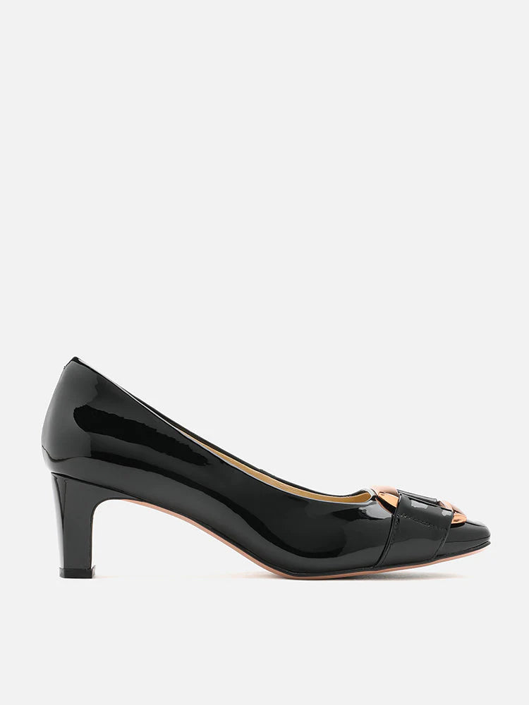 PAZZION, Betsy Gold Buckle Square-Toe Pump Heels, Black