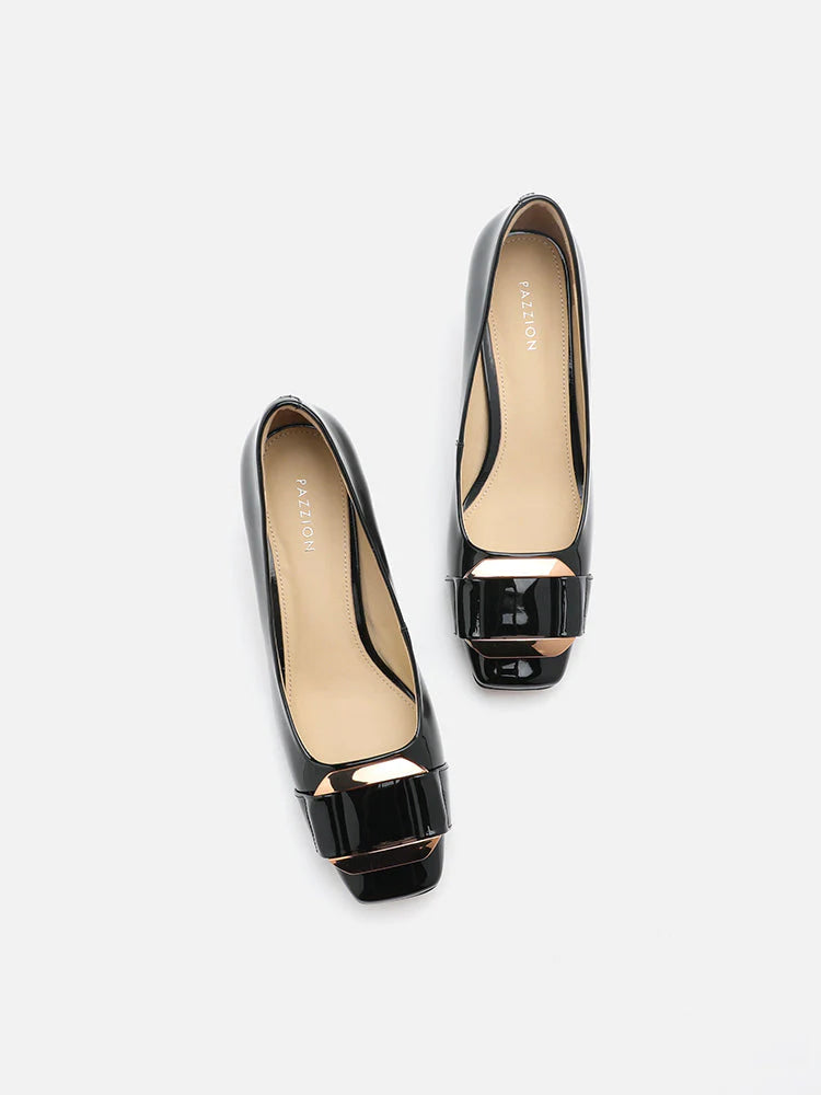 PAZZION, Betsy Gold Buckle Square-Toe Pump Heels, Black