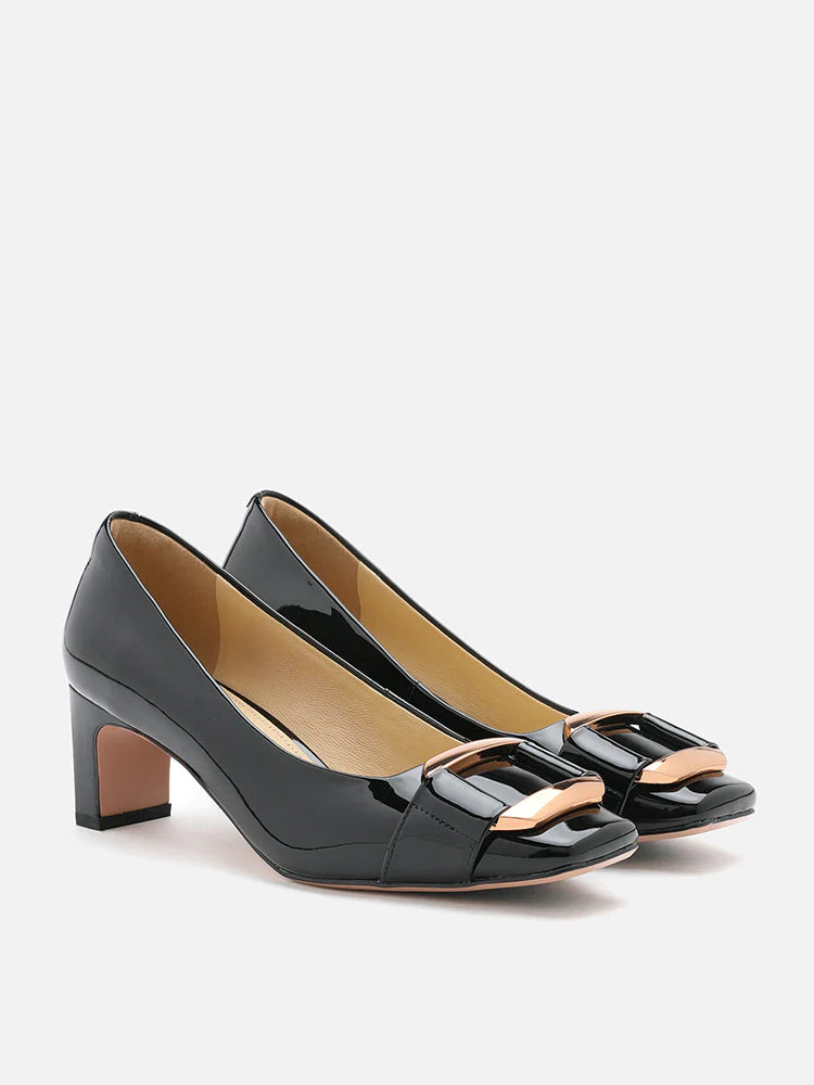 PAZZION, Betsy Gold Buckle Square-Toe Pump Heels, Black