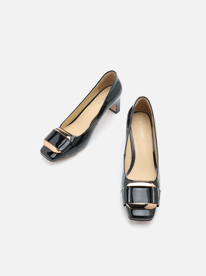 PAZZION, Betsy Gold Buckle Square-Toe Pump Heels, Black