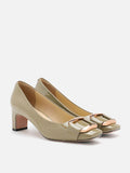 PAZZION, Betsy Gold Buckle Square-Toe Pump Heels, Khaki