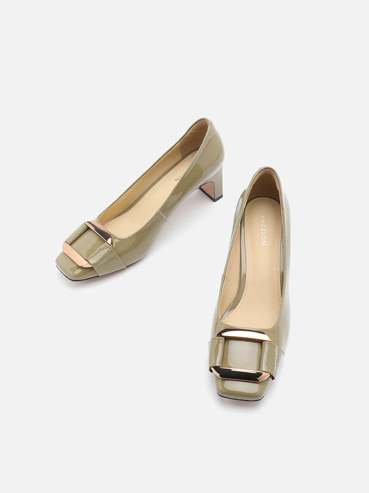 PAZZION, Betsy Gold Buckle Square-Toe Pump Heels, Khaki