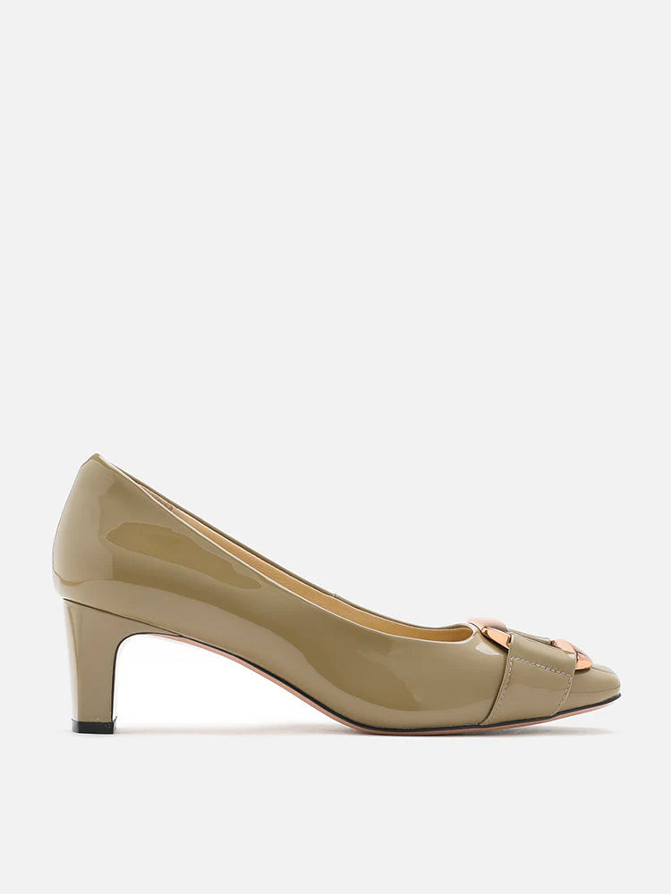 PAZZION, Betsy Gold Buckle Square-Toe Pump Heels, Khaki