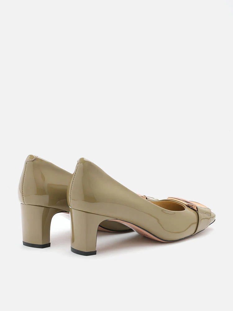 PAZZION, Betsy Gold Buckle Square-Toe Pump Heels, Khaki