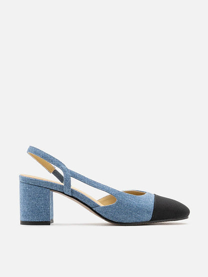 PAZZION, Blythe Denim Lambskin Toe Cap Block Heels, Blue