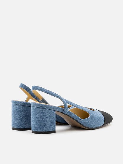 PAZZION, Blythe Denim Lambskin Toe Cap Block Heels, Blue