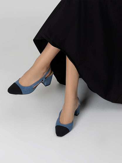 PAZZION, Blythe Denim Lambskin Toe Cap Block Heels, Blue