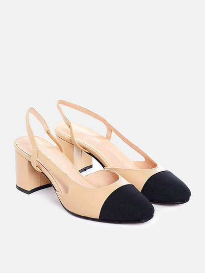 PAZZION, Blythe Lambskin Toe Cap Block Heels, Almond