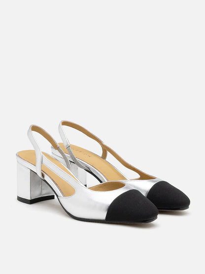 PAZZION, Blythe Lambskin Toe Cap Block Heels, Silver