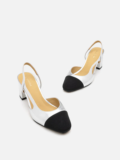 PAZZION, Blythe Lambskin Toe Cap Block Heels, Silver