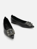 PAZZION, Brigette Diamante Embellished Buckle Pointed Toe Flats, Black