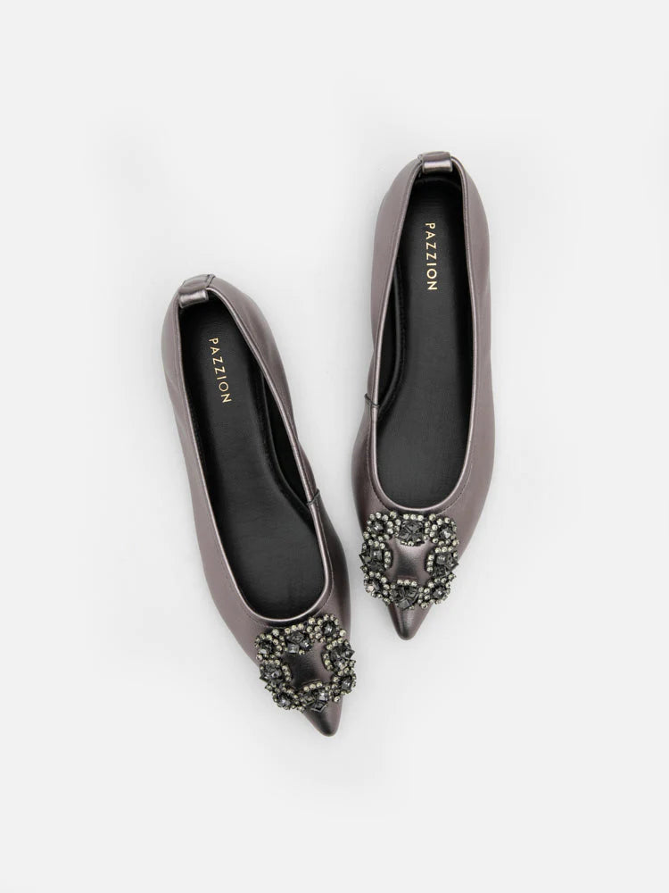 PAZZION, Brigette Diamante Embellished Buckle Pointed Toe Flats, Pewter