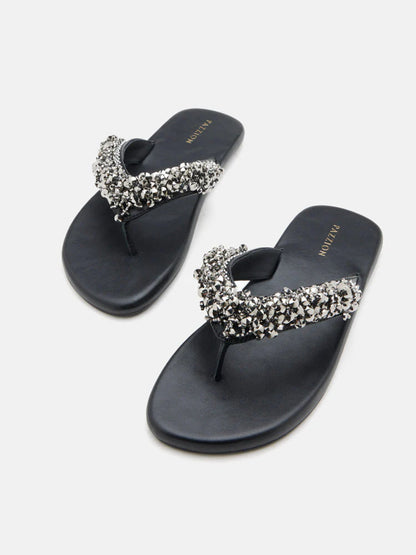 PAZZION, Brooke Beaded V-Strap Thong Sandals, Black