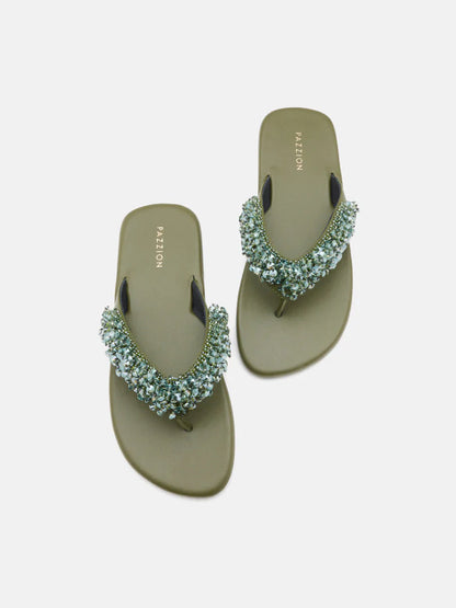 PAZZION, Brooke Beaded V-Strap Thong Sandals, Green