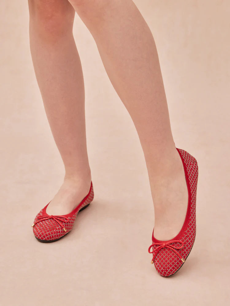 PAZZION, Brooke Crystal Grid Flyknit Flats, Red