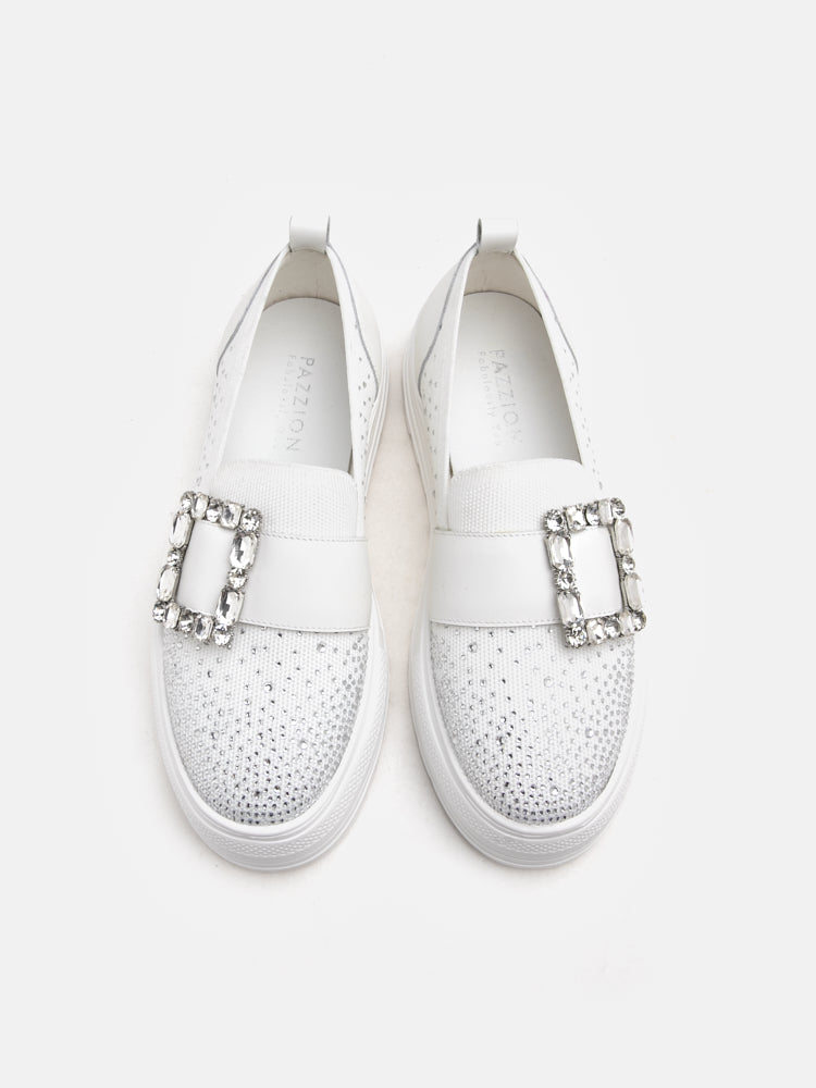 PAZZION, Callie Crystal Embellished Buckle Sneaker, White