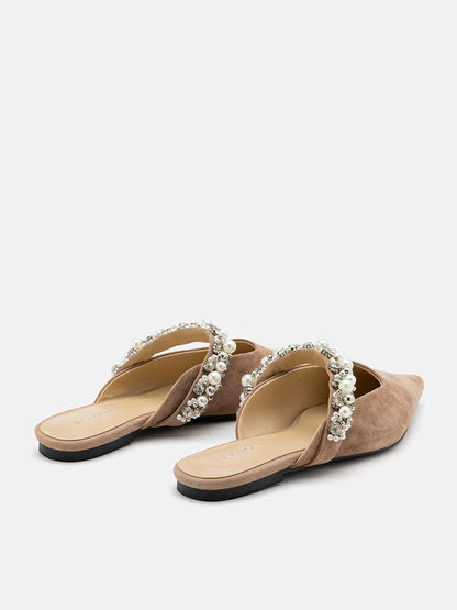 PAZZION, Camila Pearl and Crystal Embellished Strap Suede Mules, Almond