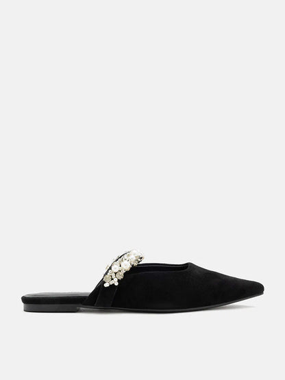 PAZZION, Camila Pearl and Crystal Embellished Strap Suede Mules, Black