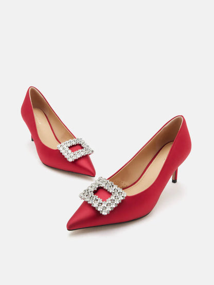 PAZZION, Cara Crystal Embellished Silk Heels, Red