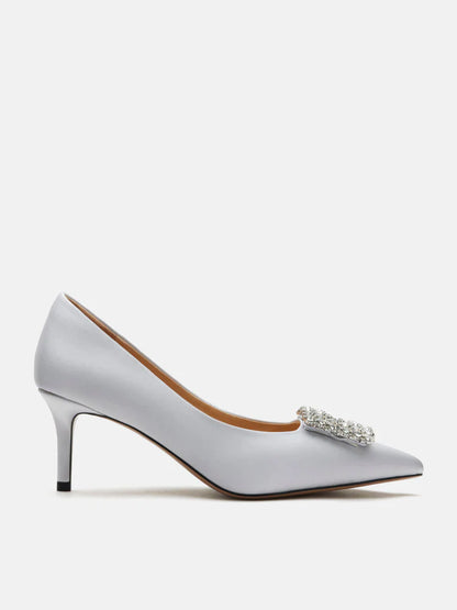 PAZZION, Cara Crystal Embellished Silk Heels, Silver