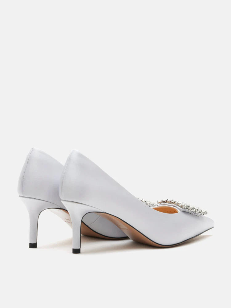 PAZZION, Cara Crystal Embellished Silk Heels, Silver